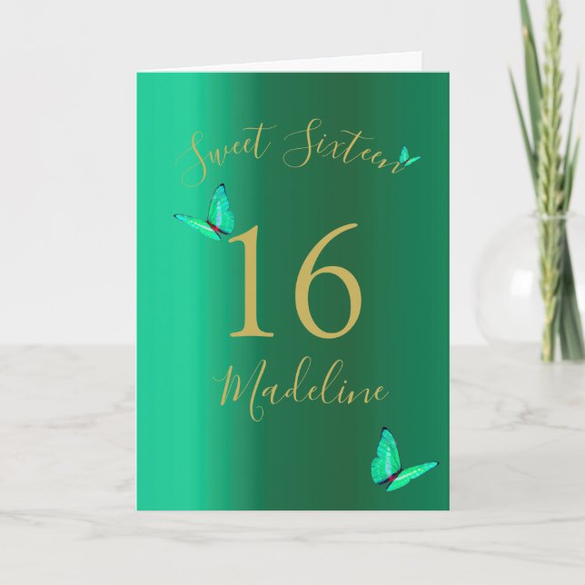 Carte Sweet SixteenEmerald Green Butterflies Anniversair (Devant)