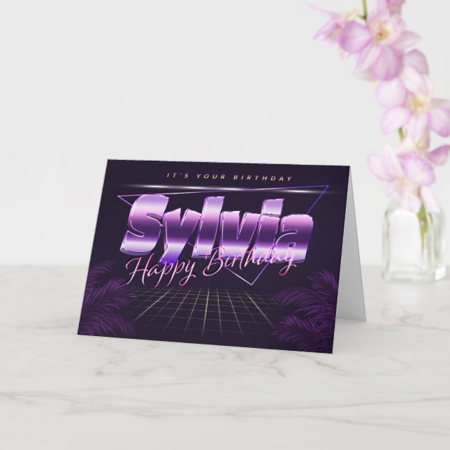 Carte Sylvia Nom Prénom lila retro Map Anniversaire (Orchidée)