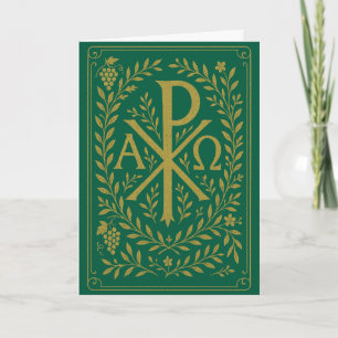 Carte Symbole Chi Rho Alpha Omega en or sur fond vert