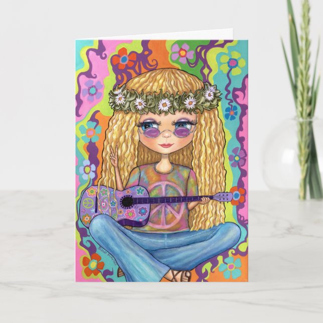Carte Symbole de Paix de Guitare violette Chick Hippie C (Devant)