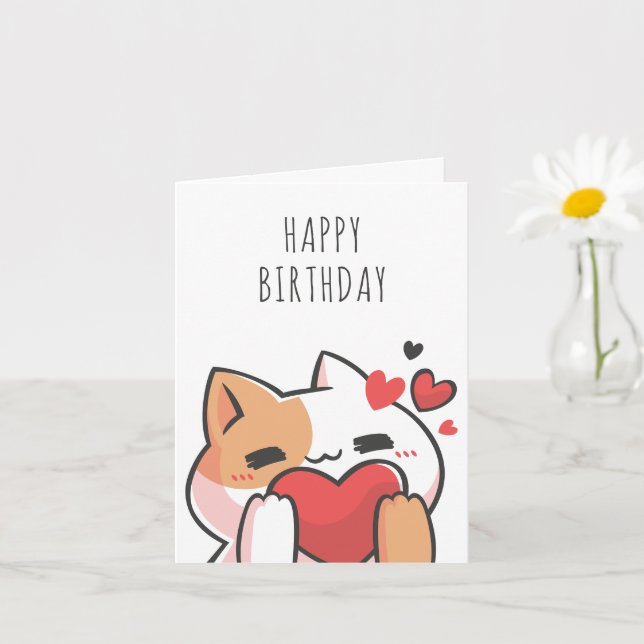 Carte Sympa coeur de chat heureux anniversaire (Petite plante)