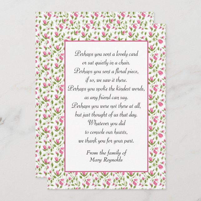 Carte Sympathie Merci rose Roses (Devant / Derrière)