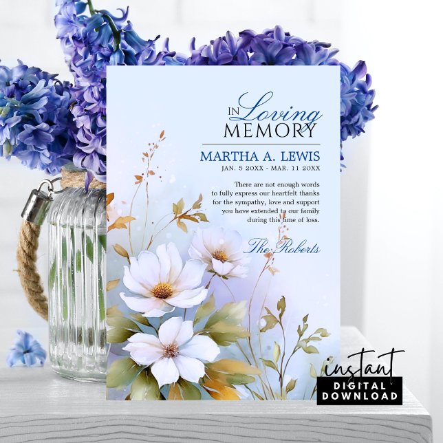 Carte Sympathy Funeral Blanc Fleur sauvage Bleu Merci (Thank You Funeral Blue White Floral  PHOTO Card | Watercolor Pastel)