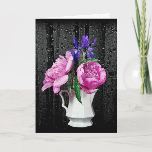 Carte Sympathy Pink Peonis et Iris avec Raindrops (Devant)