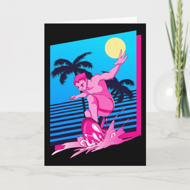 Carte Synthwave Surfeur Coucher de Soleil Palmiers Surf  (Devant)