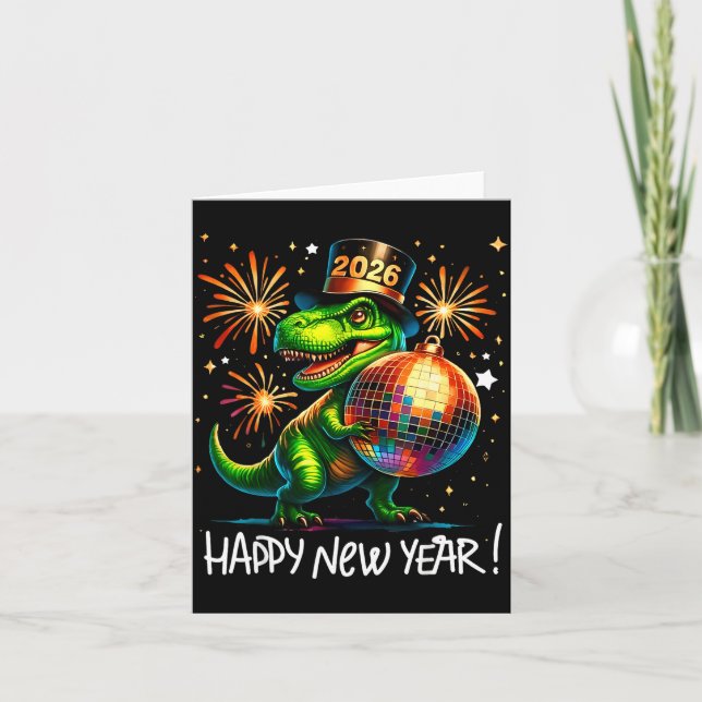 Carte T Rex Bonne Année 2026 Tee Boule Disco Feu d'Artif (Devant)