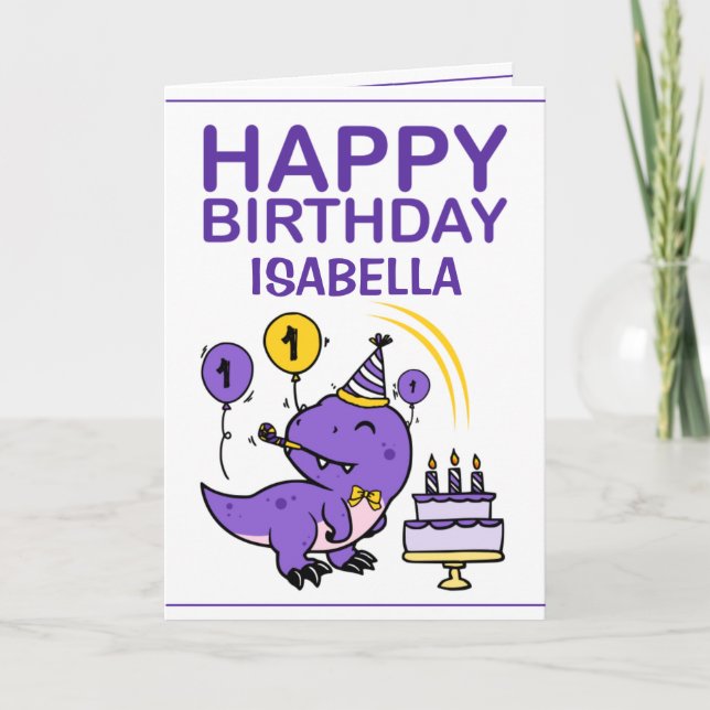 Carte T-Rex Dino Petite-fille mignonne pourpre 1er anniv (Devant)