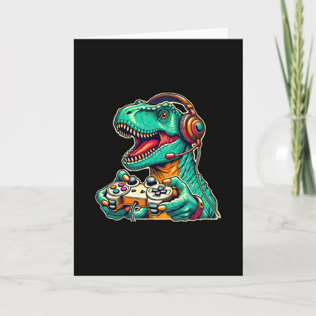 Carte T-rex jeu avec casque drôle de dinosaure graphiste (Devant)