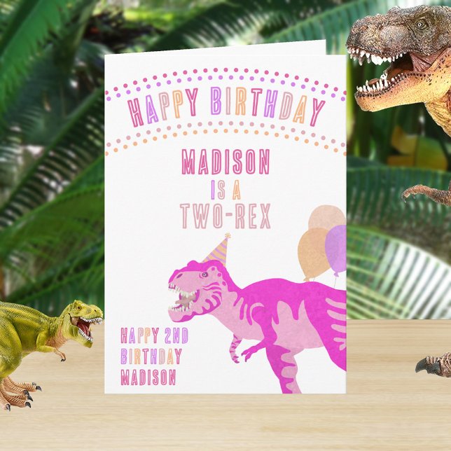 Carte T-Rex Rose N'Importe Quel Âge Dinosaure Joyeux Ann (This cute pink dinosaur Happy Birthday greeting card is easy to personalize)