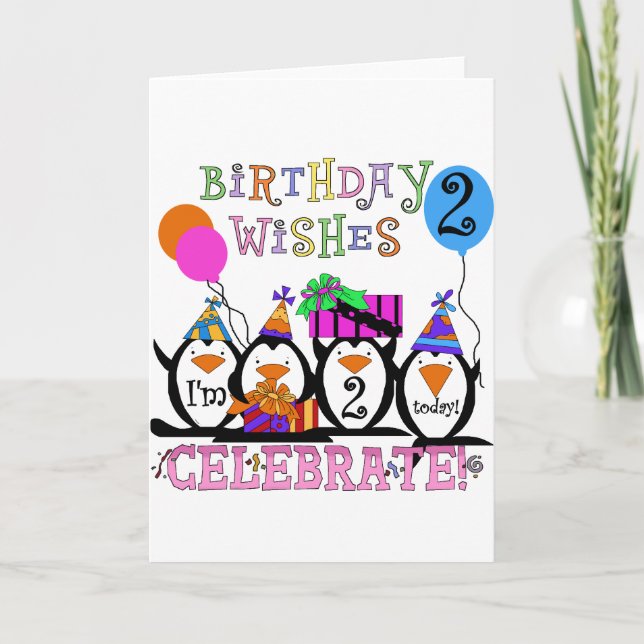Carte T-shirts et cadeaux Silly Penguins 2e anniversaire (Devant)
