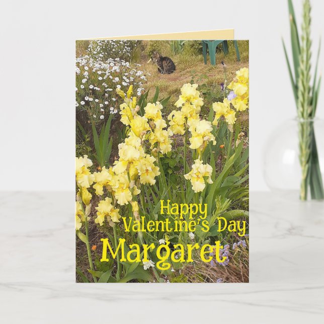 Carte Tabby Cat Cute Yellow Iris Valentines Wifes Name (Devant)