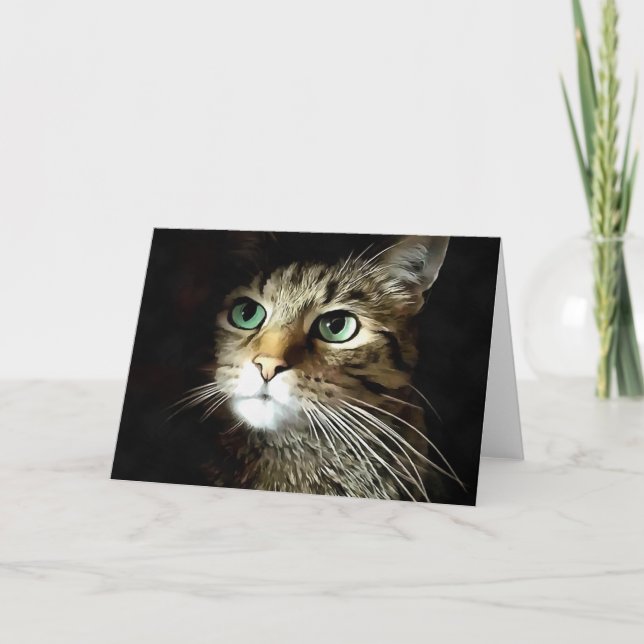 Carte Tabby Chat Aux Yeux Verts Isolé Sur Noir (Devant)