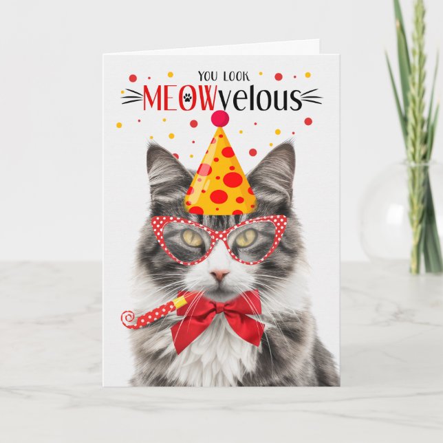 Carte Tabby gris et blanc chat MEOWvelous Anniversaire (Devant)
