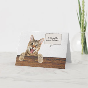 Carte tabby kitten avec drôle de bulle de texte d'annive