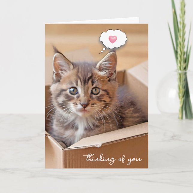 Carte Tabby Kitten dans carton boîte à penser de vous (Devant)