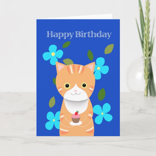 Carte Tabby orange Chat avec cupcake, joli anniversaire  (Devant)