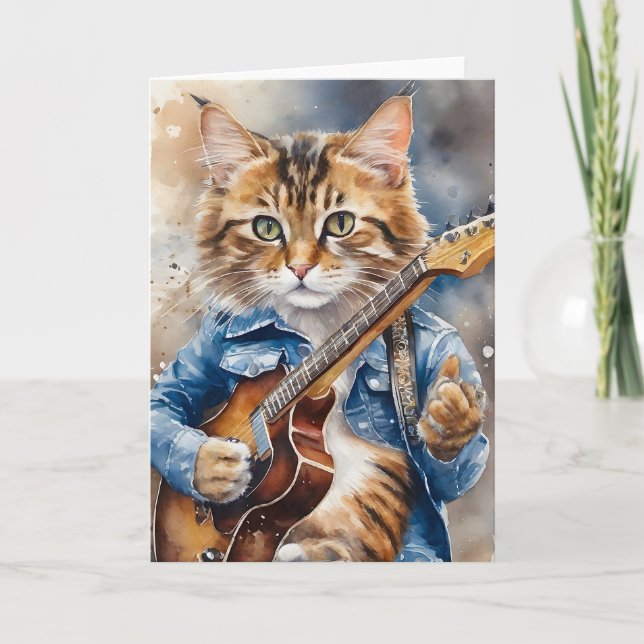 Carte Tabby rayé Cat Rock Star Jouer de la guitare (Devant)