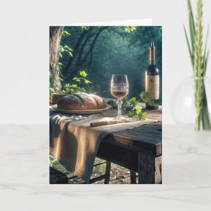 Carte Table de Thanksgiving avec du vin dans une forêt