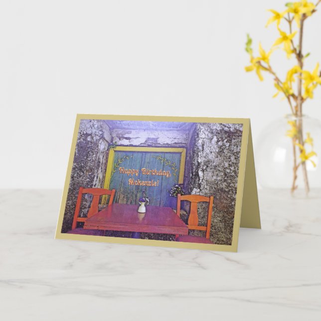 CARTE TABLE ET CHAISES RUSTIQUES/JOLIE ANNIVERSAIRE/PERS (Fleur jaune)