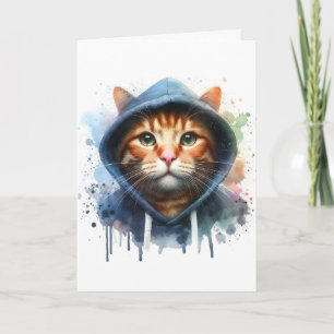 Carte Tableau chat tigré à capuche bleue Art aquarelle é