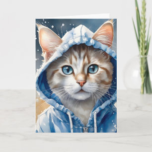 Carte Tableau chat tigré à capuche bleue Art aquarelle É