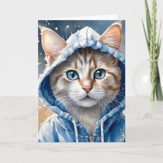 Carte Tableau chat tigré à capuche bleue en aquarelle éc (Devant)