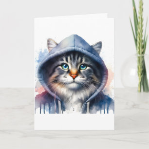 Carte Tableau chat tigré en capuche à l'aquarelle éclabo