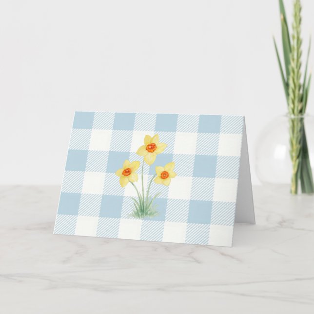 Carte Tableau de jonquilles à motif gingham bleu (Devant)