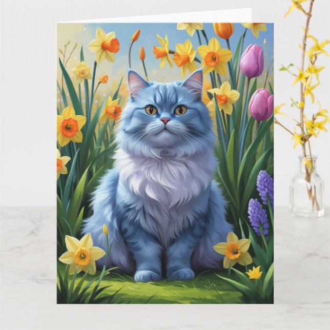 Carte Tableau des fleurs de printemps de chats bleus ori (Fleur jaune)