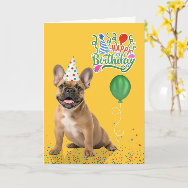 Carte Tan French Bulldog Party Hat Yellow Birthday (Fleur jaune)