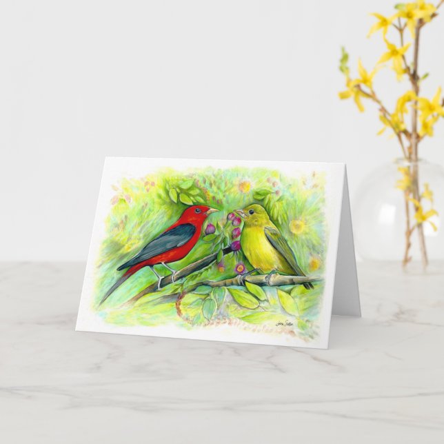 Carte Tanagers écarlates Aquarelle Joyeux Anniversaire (Fleur jaune)