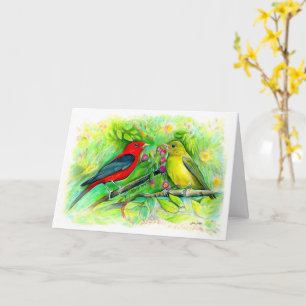 Carte Tanagers écarlates Aquarelle Joyeux Anniversaire