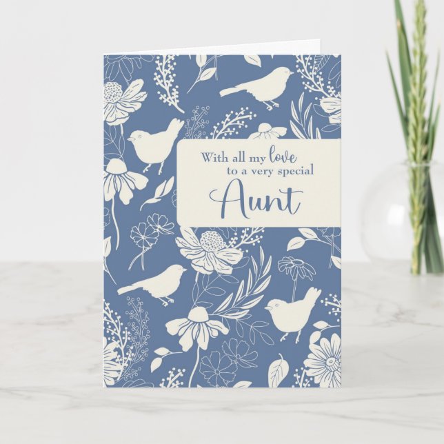 Carte Tante Anniversaire Oiseaux bleus et fleurs (Devant)