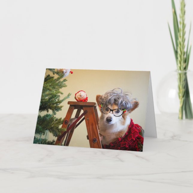 Carte Tante Gussy le Corgi Décorant l'Arbre de Noël (Devant)
