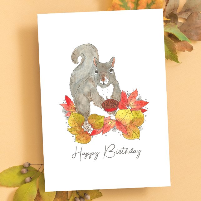 Carte Tarte d'anniversaire d'écureuil (Cute Autumn Squirrel Watercolor Birthday Card)