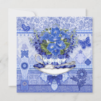 Carte Tasse en Porcelaine Bleue et Fleurs
