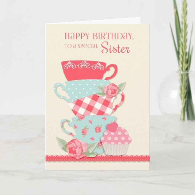 Carte Tasses à thé et Roses, Bonne Soeur d'anniversaire (Devant)