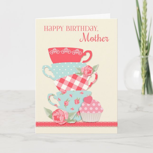 Carte Tasses à thé et Roses, Joyeuse mère d'anniversaire (Devant)