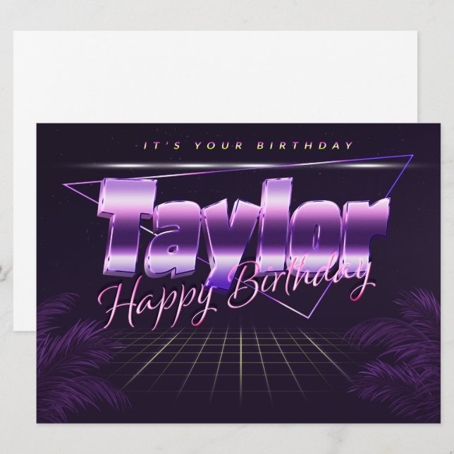 Carte Taylor Nom Prénom lila retro Map Anniversaire (Devant / Derrière)