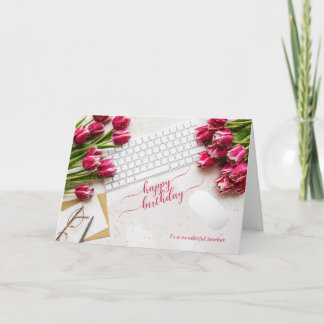 Carte Teacher's Birthday Pink Tulips and Desktop