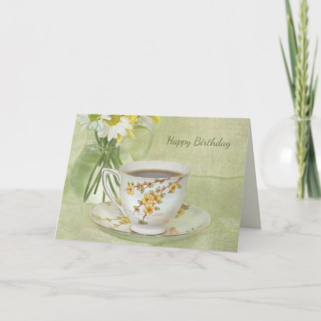 Carte teacup antique d'anniversaire avec bouquet de marg (Devant)