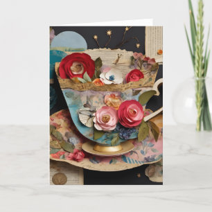 Carte Teacup et Fleurs Collage multimédia mixte