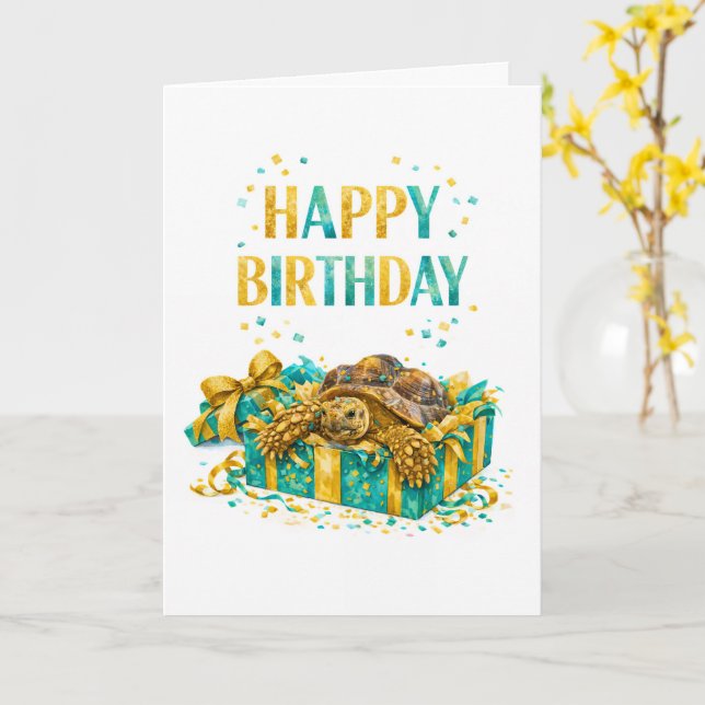 Carte Teal and Gold Happy birthday Sulcata tortoise gift (Fleur jaune)