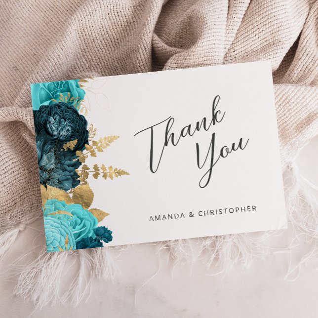 Carte Teal Aqua Gold Floral Wedding Flat Thank You (Créateur téléchargé)