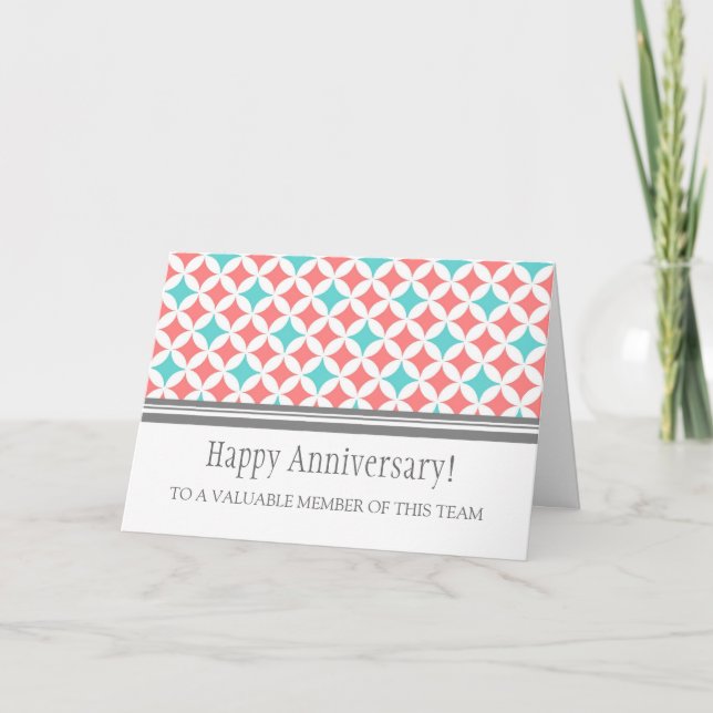 Carte Teal Coral Circles Employee Anniversary Card (Devant)