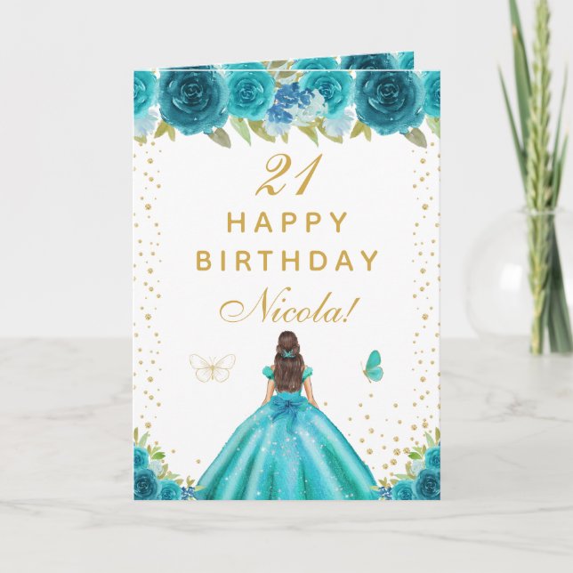 Carte Teal Floral Brunette Hair Girl Birthday (Devant)