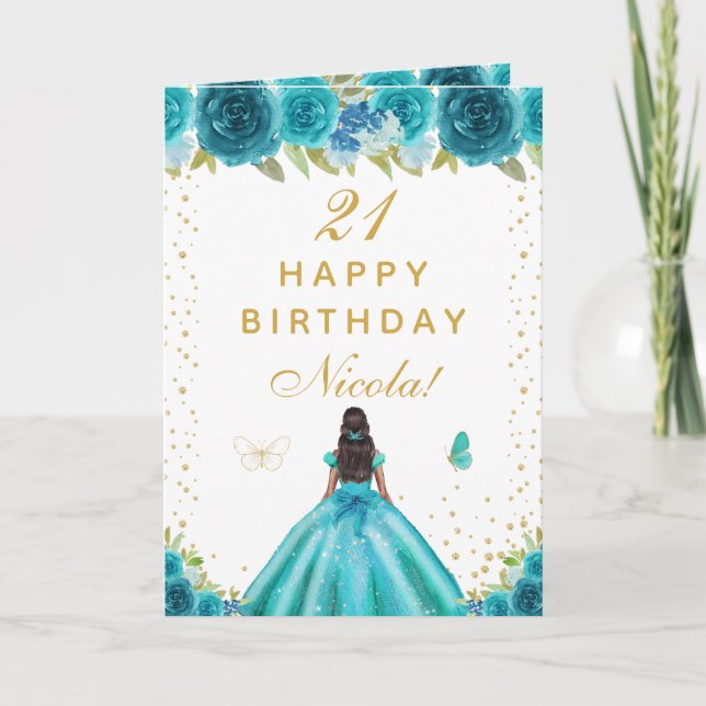 Carte Teal Floral Dark Skin Girl Birthday (Devant)