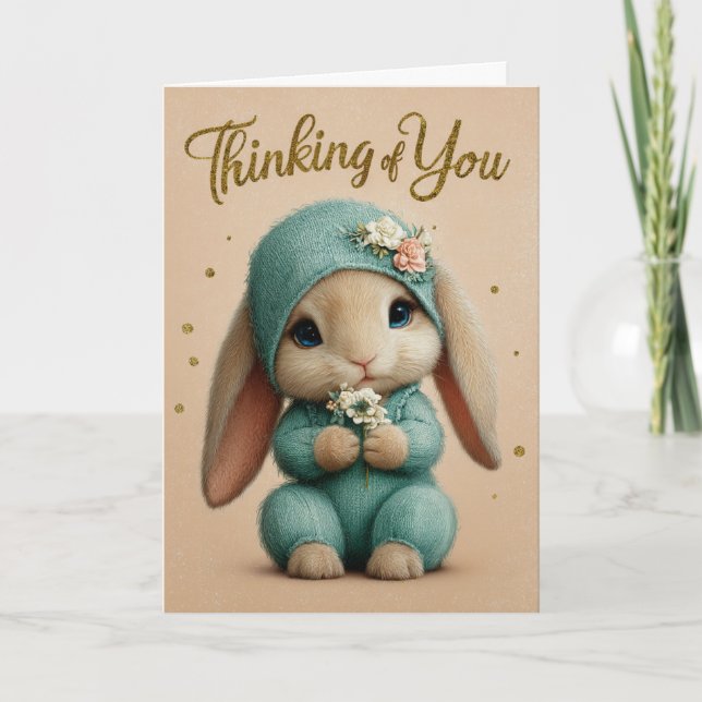 Carte Teal Knit Baby Bunny Thinking of You Card (Devant)