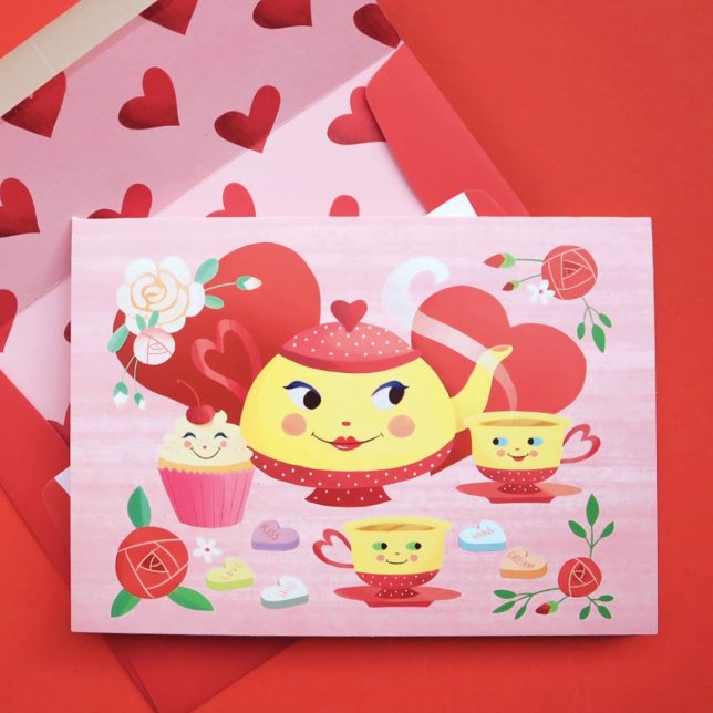 Carte Teapot mignonne et Teacups Saint-Valentin (Créateur téléchargé)