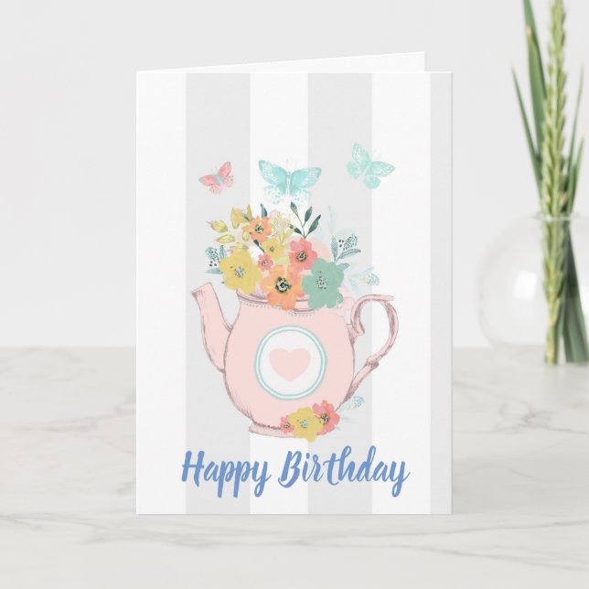 Carte Teapot rose avec Fleurs et Papillons Anniversaire (Devant)